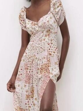 Zara Cream and Pink Floral Maxi Dress